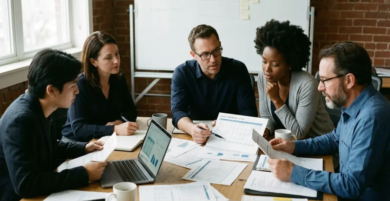 Une table de réunion occupée par des documents comptables, des graphiques imprimés et des ordinateurs portables dans une ambiance de travail sérieuse.