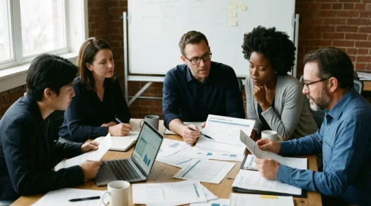 Une table de réunion occupée par des documents comptables, des graphiques imprimés et des ordinateurs portables dans une ambiance de travail sérieuse.